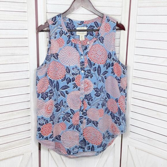 Cynthia Rowley Floral Linen Sleeveless Shirt Button Front Blue Coral Red Large - Picture 6 of 10